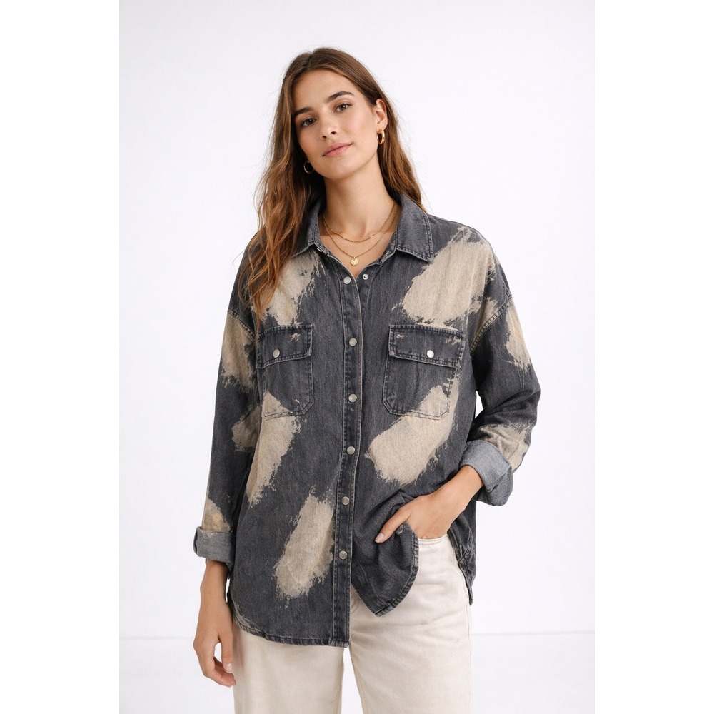 Davi & Dani Bleach Splash Denim Shirt Jacket Black DJ04219 Oversized‎ Shacket M